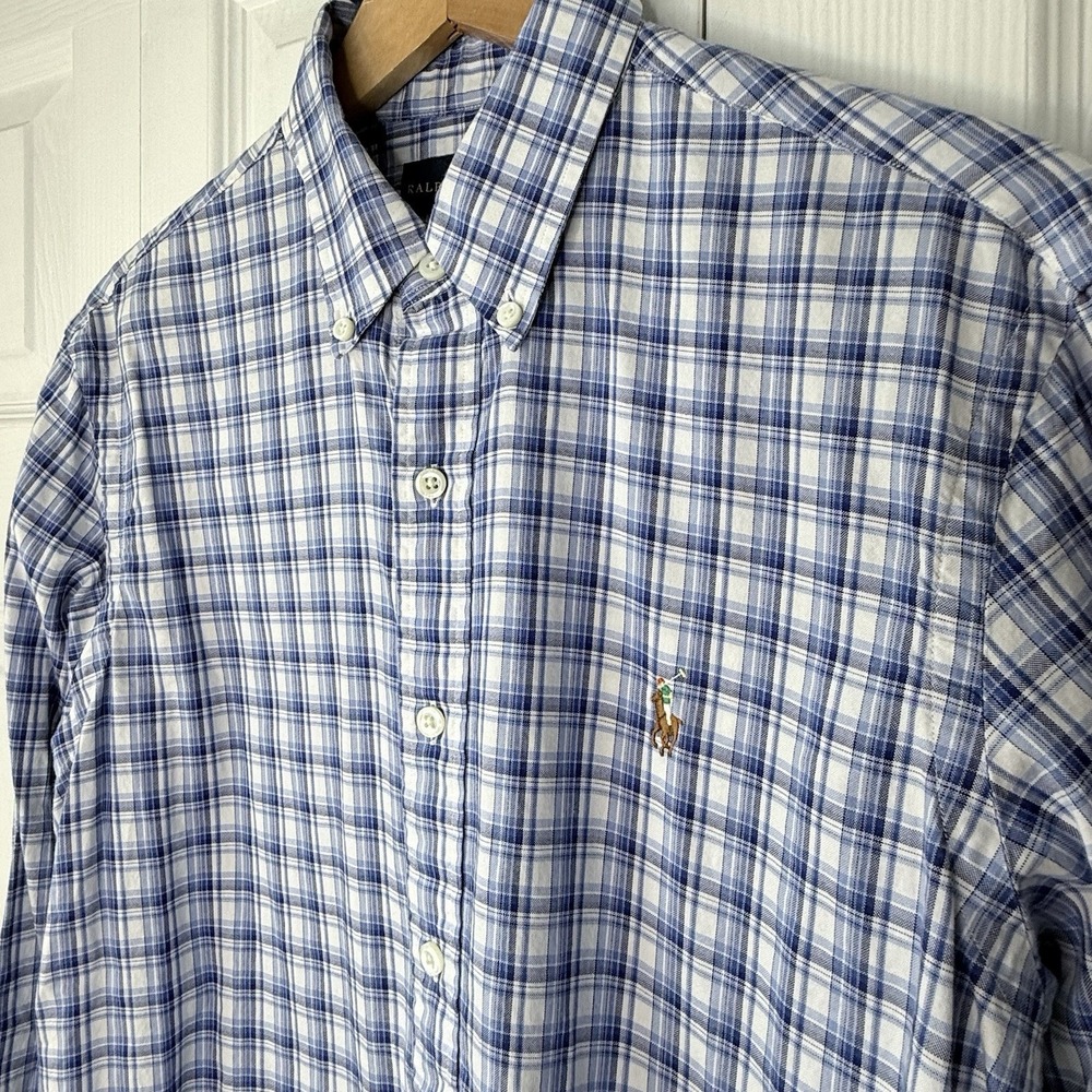 RALPH LAUREN MENS BLUE WHITE PLAID CHECK SIZE‎ MEDIUM LONG SLEEVE COTTON SHIRT